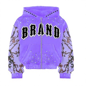 BRAND <b>Pink</b> Solid Zip-Up Hoodie Rhinestone Embellished Regular Fit Y2K Style Unisex Fleece <b>Sweatshirt</b> 100% Cotton Breathable - Product Image 4