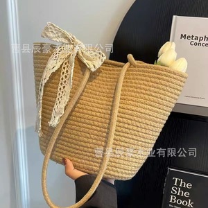 Sac fourre-tout tissé à la main en corde de coton avec broderie décorative, grande capacité, sac de plage et de voyage pour femmes - Product Image 2