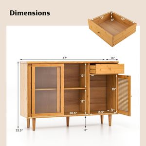 Buffet LOKO moderne en bambou avec portes coulissantes en verre trempé et portes en rotin, bar à café bohème pour salon - Product Image 3