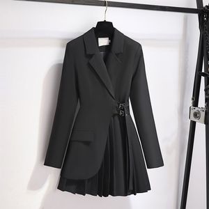 Toptan sıcak bahar yeni tasarım uzun takım elbise ceket Ol ince yüksek bel dantel-up <span class=keywords><strong>blazer</strong></span> elbise moda uzun elbise pilili elbise