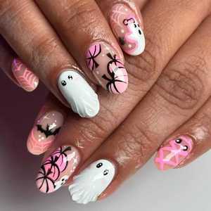Faux ongles Qianya Halloween à pression, design 3D fantôme, araignée, toile de chauve-souris, acrylique brillant, réutilisables, cadeau de fête - Product Image 5