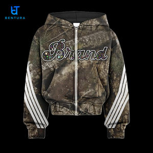 定制100% 棉迷彩拉链夹克DTG数码印花裁剪重量级水钻连帽衫和运动裤慢跑套装 - Product Image 6