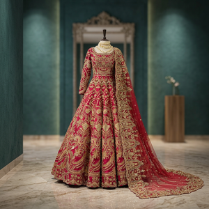 Luxurious Red Embroidered Georgette Ball Bridle Gown Dress With Jewel Neck Full Sleeve And Beading For <b>Wedding</b> Occasion - Product Image 4