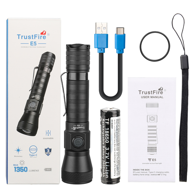 OEM/ODM Trustfire E5 1350LM Tactical Zoom LED Flashlight IP68 Waterproof Rechargeable Tactical Torch for Professional Hunting