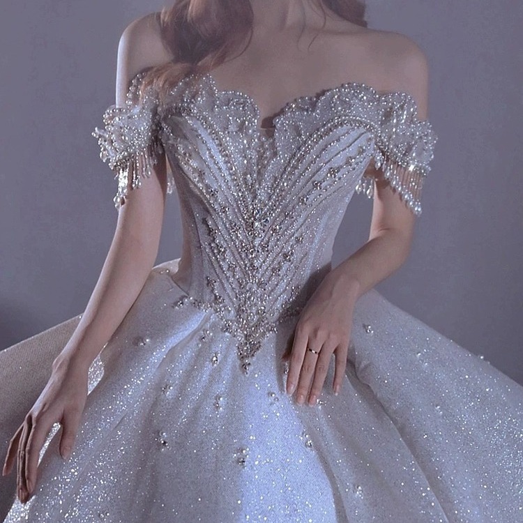 silver bling wedding dress Designer Flowery Off Shoulder Glitter Baroque Ball Gown Wedding Dress