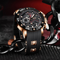 Montre chronographe à quartz pour homme, trois sous-cadrans, cadran noir, boîtier en or rose, bracelet en silicone, montre de sport et de course