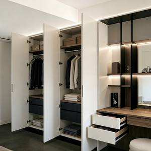 Custom Modern Walk-In Closet With Leather Panels & Glass Partition LED-Lit <b>Wardrobe</b> Integrated With Vanity <b>Storage</b> for Bedroom - Product Image 6