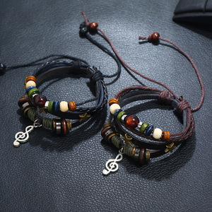 Nouveau Bracelet marron, style Hippie, Boho, artisanal, en cuir, étoiles G Clef, Note, breloques métalliques, boutons en bois, perles, enveloppe ajustable, unisexe - Product Image 6