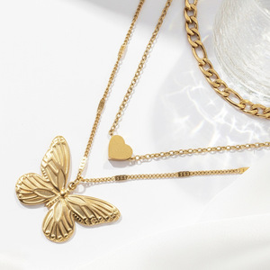 Collar <span class=keywords><strong>de</strong></span> Tres Capas con Colgante <span class=keywords><strong>de</strong></span> Corazón y <span class=keywords><strong>Mariposa</strong></span>, Estilo Europeo Americano, Unisex, Acero Inoxidable Pulido - Product Image 4