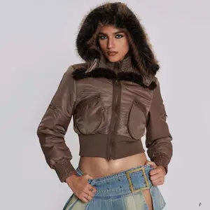 Quilted Full Zipper Up OEM Pockets Fur Crop Tops Warm Windproof Bomber Jackets Winter Woman Clothes Women's Coat Puffer Jacket