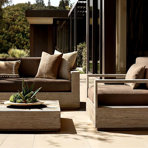 Conjunto de Sofá Contemporáneo para Exteriores con Mesa de Centro en Tela Beige y Estructura de Madera para Jardín o Patio - Product Image 1