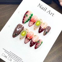 Nieuwe stijl ABS volledig handgemaakte vintage wijnrode gradiënt metallic spangles parelversierde puntige opzetnagels