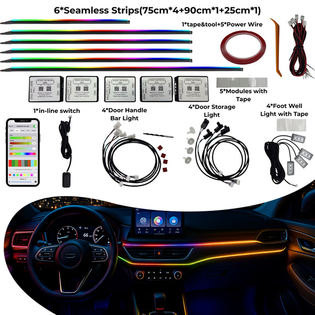 18in1 22in1 Car Interior Ambient Light Kit RGB LED Strip 12V APP Control 5 Zone Independent for Door Handle Footwell Storage