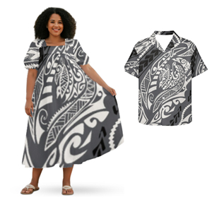 Conjunto de Ropa a Juego para Parejas con Estampado Tropical Azul de las Islas del Pacífico, Camisa Hawaiana para Hombre y Vestido Vintage con Corte Evase para Mujer - Product Image 4