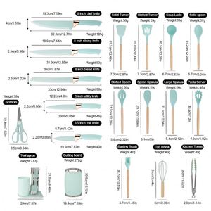 Kitchenbliss 19pcs Wood Handle Kitchen Utensils <b>Set</b> Silicone Kitchenware <b>Cookware</b> Knife <b>Set</b> with Cutting Board and Holder Box - Product Image 4