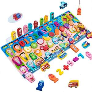 Gioco Educativo Montessori in Legno, Tavola Logaritmica con Numeri, Caratteri, Frutta, Veicoli e Forme, Puzzle e Gioco di Pesca per Bambini - Product Image 4