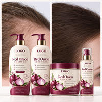 Ensemble de soins capillaires à l'oignon rouge, shampooing anti-chute de cheveux, après-shampoing démêlant, masque de réparation en profondeur, huile capillaire brillante