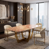 Table à manger en marbre rose de luxe, table en pierre naturelle polie, mobilier moderne sur mesure pour villa