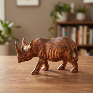 Figurine de rhinocéros en bois de sheesham et noyer Aqdus Saleem - Sculpture rectangulaire minimaliste sculptée à la main, écologique et durable, vente en gros - Product Image 3
