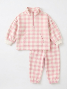Ensemble pull mi-zippé à carreaux et jogging pour enfants, survêtement doux à col montant pour filles, vêtements assortis pour jumelles, collection automne pour enfants - Product Image 4
