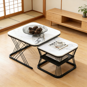 Современный набор из 2-х журнальных столиков, столешница из белого мрамора с черной металлической рамой, складные приставные столики для гостиной - Product Image 2