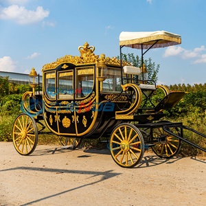 Magnifique calèche royale noire dorée à chevaux avec sculpture de couronne et auvent à franges, calèche vintage à quatre roues - Product Image 4
