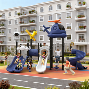 Structure de jeu extérieure commerciale à double piste avec toboggans en acier et en plastique pour grands enfants, thème spatial - Product Image 1