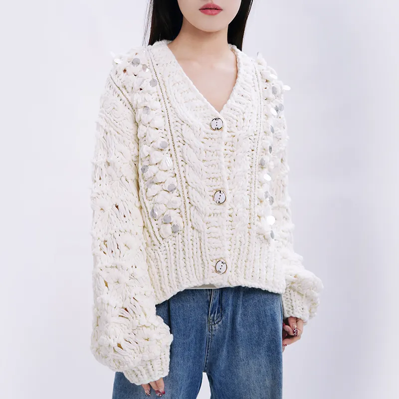 सर्दियों की महिलाओं के सर्दियों के कपड़ों के लिए कार्डिगन ऐक्रेलिक वी नेक प्लेन लूज़ लेडीज़ चंकी निट फैशन स्वेटर