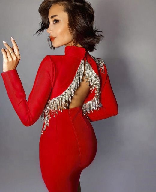 red bandage dress wholesale Crystal Fringe Mini Bandage Dress