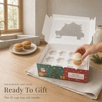 Boîte à macarons autoportante 12 cavités de qualité alimentaire avec fenêtre transparente, imprimée Noël, en carton, pour desserts et pâtisseries, emballage pliable