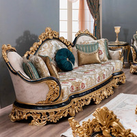 Canapé combiné en bois massif sculpté de style français, de luxe, en forme d'arc, style européen, pour salon, avec couronne en feuille d'or, tissu haut de gamme