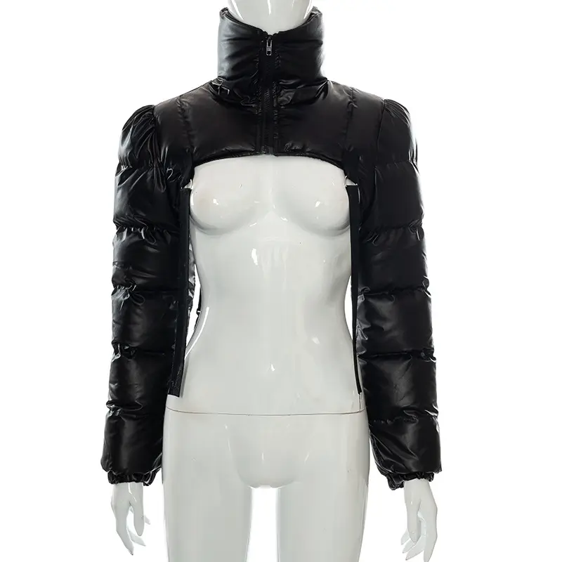 เสื้อโค้ทเอวลอยมีซิปสำหรับผู้หญิง,เสื้อแจ็คเก็ตหนังคอเต่าเสื้อโค้ทสั้นแบบเปิดหลังสีล้วนใหม่สำหรับฤดูหนาวปี2022