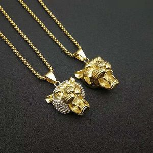 Yunnique Stainless Steel Gold Plated Lion Head Pendant Necklace with Pave Setting Animal Zodiac Unisex Fashion Jewelry - Product Image 1