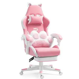 Pembe Kitty oyun sandalyesi Hellos pembe beyaz deri ev ofis kadın kız kesim kedi oyun sandalyesi lomber yastık Sillas footrest ile