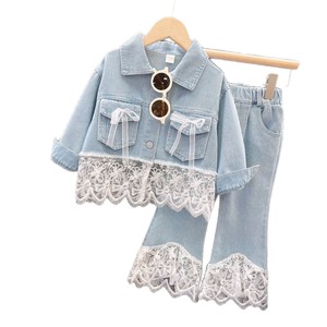 Set di <span class=keywords><strong>Abbigliamento</strong></span> Casual Primaverile e Autunnale per Bambine, Giacca in Denim con Applicazioni in Pizzo e Jeans, Design Alla Moda in Due Pezzi - Product Image 5