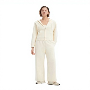 Womens Cream Full Zip Tracksuit Heavyweight Hooded <b>Track</b> <b>Jacket</b> And Matching Sweatpants Set Two-Piece Casual Streetwear - Product Image 1