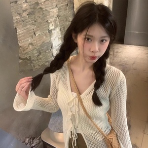 Maglione da donna bianco in mohair traforato, <span class=keywords><strong>elegante</strong></span>, con scollo a V, allacciatura all'americana, maniche lunghe, vestibilità ampia, colore estivo - Product Image 2