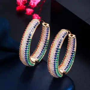 Black Gold Plated Blue Red CZ Pave Setting Round Large Hoop Earrings for Women Statement Party Wedding Jewelry Accessories