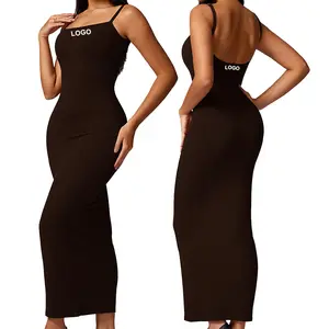 Dlt8716-2 Women's Seamless Sleeveless Cotton Casual Sundress Knee Length Bodycon Spaghetti-strap Dress