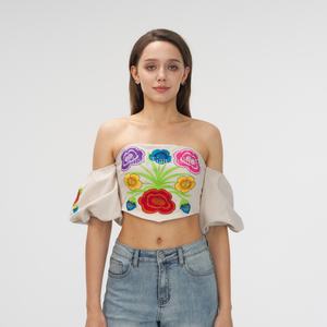 Top Corto Moderno de Manga Corta con Bordado Floral, Top Corto de Algodón con Hombros Descubiertos para Mujer - Product Image 3