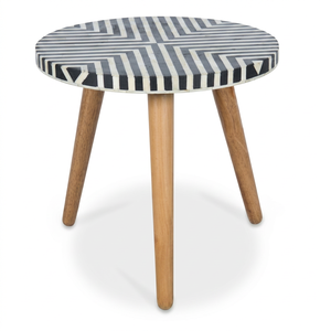 Mesa Auxiliar de Madera Hecha a Mano con Incrustaciones de Hueso, Patrón Chevron, Tapa Redonda, Mueble Decorativo para Sala de Estar Moderna - Product Image 1