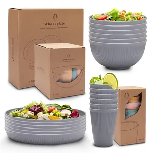 High quality 18pcs Eco Friendly Wheat Straw Plastic Bowl Plate And Cup Dinnerware Set