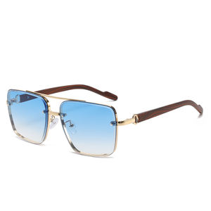 レトロフレームレスメタルスクエアサングラスUV400カスタムロゴ木目調ダブルブリッジパイロットサングラス男女兼用 - Product Image 4