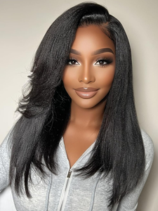 Perruque Yaki lisse en <span class=keywords><strong>cheveux</strong></span> humains avec <span class=keywords><strong>frange</strong></span> latérale, frontale en dentelle 7x5, sans colle, pré-épilée, densité 150%, aspect naturel, avec cordon de serrage Bye - Product Image 2