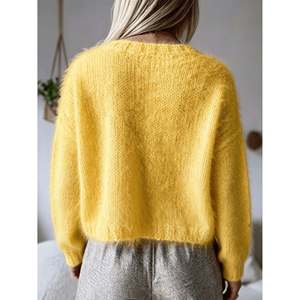 Women's Lemon Yellow Drop Shoulder Crew Neck Cotton Knit <b>Pullover</b> <b>Sweater</b> with Front Logo for Autumn Winter - Product Image 3