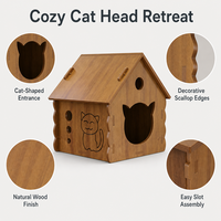 Maison pour chat en bois moderne, abri pour chat d'intérieur en forme de tête de chat avec trous d'aération, bords festonnés, abri en bois pour chats toutes saisons