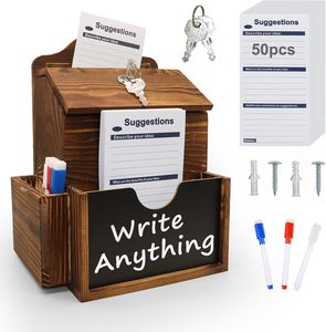 Boîte de dons en bois avec fente et serrure, boîte à suggestions en bois avec 50 cartes de suggestion, urnes de vote avec tableau noir - Product Image 1