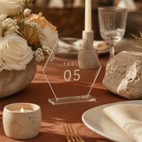 Panneau de table de mariage hexagonal personnalisé en acrylique, impression UV couleur, porte-carte de place transparent pour la décoration de réceptions et événements