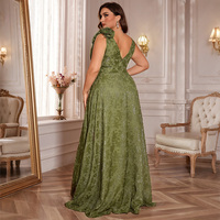 Robe de soirée grande taille en dentelle scintillante vert olive à fleurs 3D, col en V, longueur ras du sol, pour invitée de mariage, vente en gros