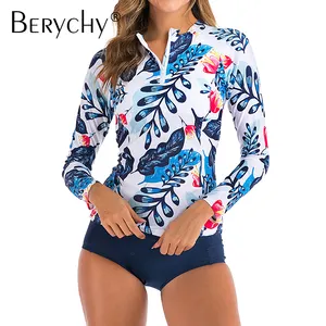 New Surfing Two Piece Swimsuits Long Sleeve Floral Printed Zipper Tankini Plus Size Bathing Suit 2020